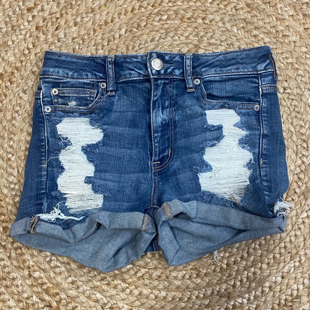 High waisted distressed denim shorts